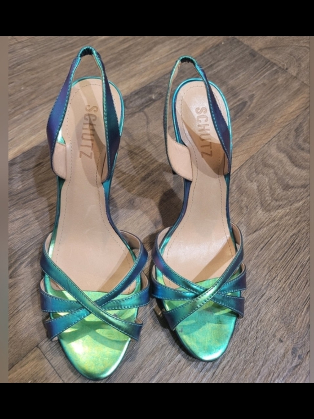 SCHUTZ Iridescent Teal-Green Crisscross Slingback Heels
